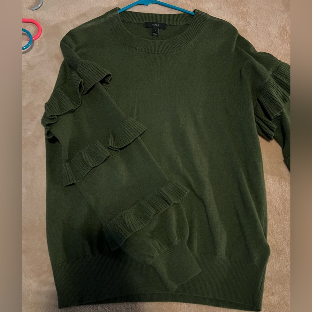 J.Crew Dark Green Sweater with Ruffle Sleeve